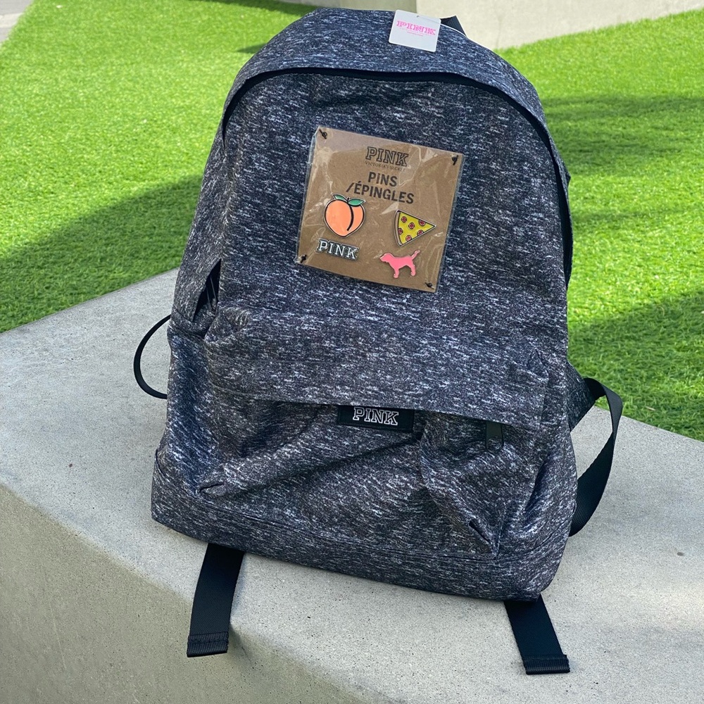PINK Grey Mini Nylon Zippered Backpack w Collectible Enamel Logo Emoji Pins NWT - Picture 14 of 16